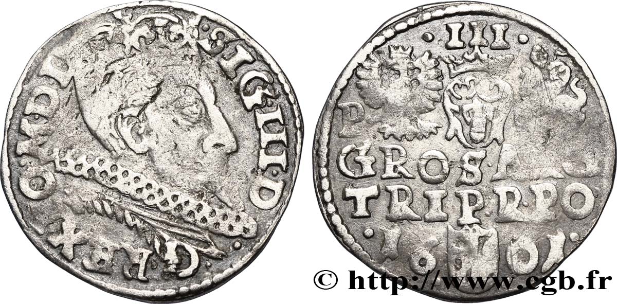 POLONIA - SIGISMUNDO III VASA Trois groschen ou trojak koronny 1601 Cracovie BC+