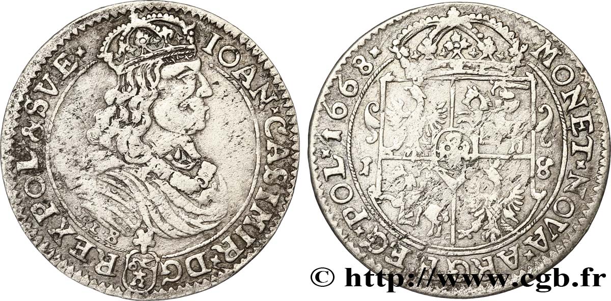 POLAND - KINGDOM OF POLAND - JEAN II CASIMIR Quart de thaler ou ort koronny 1668  VF