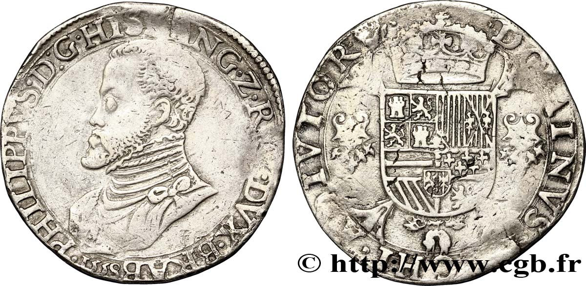 SPANISCHE NIEDERLANDE - HERZOGTUM BRABANT - PHILIPPE II Écu philippe ou daldre philippus 1558 Anvers S