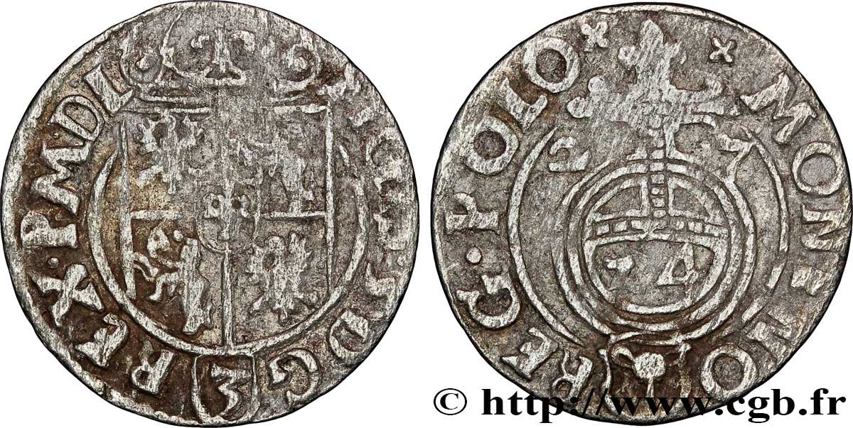 POLONIA - SIGISMUNDO III VASA Vingt-quatrième de thaler ou poltorak koronny ou trois polker 1627 Cracovie BC