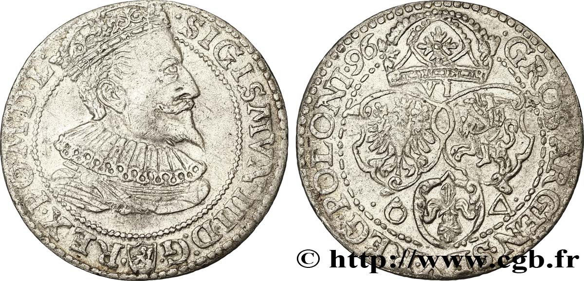 POLOGNE - ROYAUME DE POLOGNE - SIGISMOND III VASA Six groschen ou szostak koronny 1596 Marienburg TTB