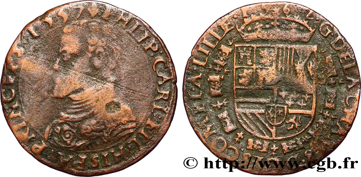 PAYS-BAS ESPAGNOLS - COMTÉ DE FLANDRE - PHILIPPE II D ESPAGNE Double denier 1557 Bruges BC+