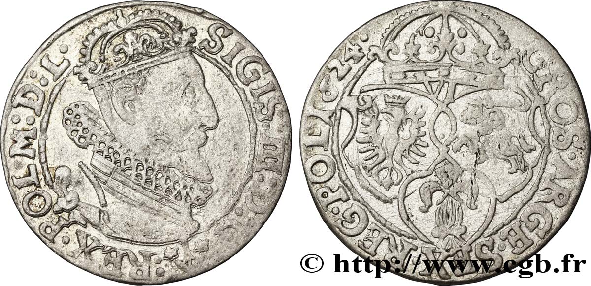 POLOGNE - ROYAUME DE POLOGNE - SIGISMOND III VASA Six groschen ou szostak koronny 1624 Marienburg TB+