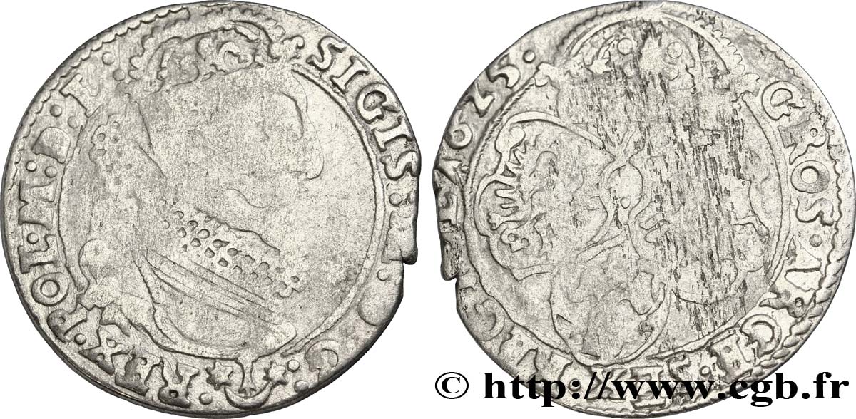 POLOGNE - ROYAUME DE POLOGNE - SIGISMOND III VASA Six groschen ou szostak koronny 1625 Marienburg TB