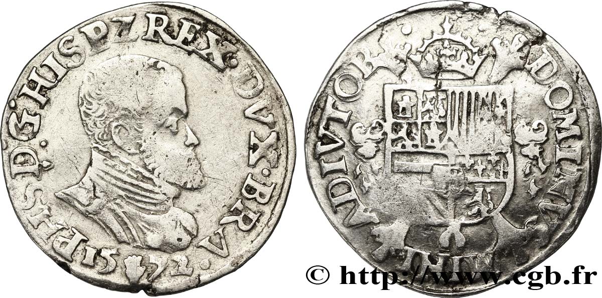 SPANISH NETHERLANDS - DUCHY OF BRABANT - PHILIP II Cinquième d écu Philippe 1572 Anvers VF