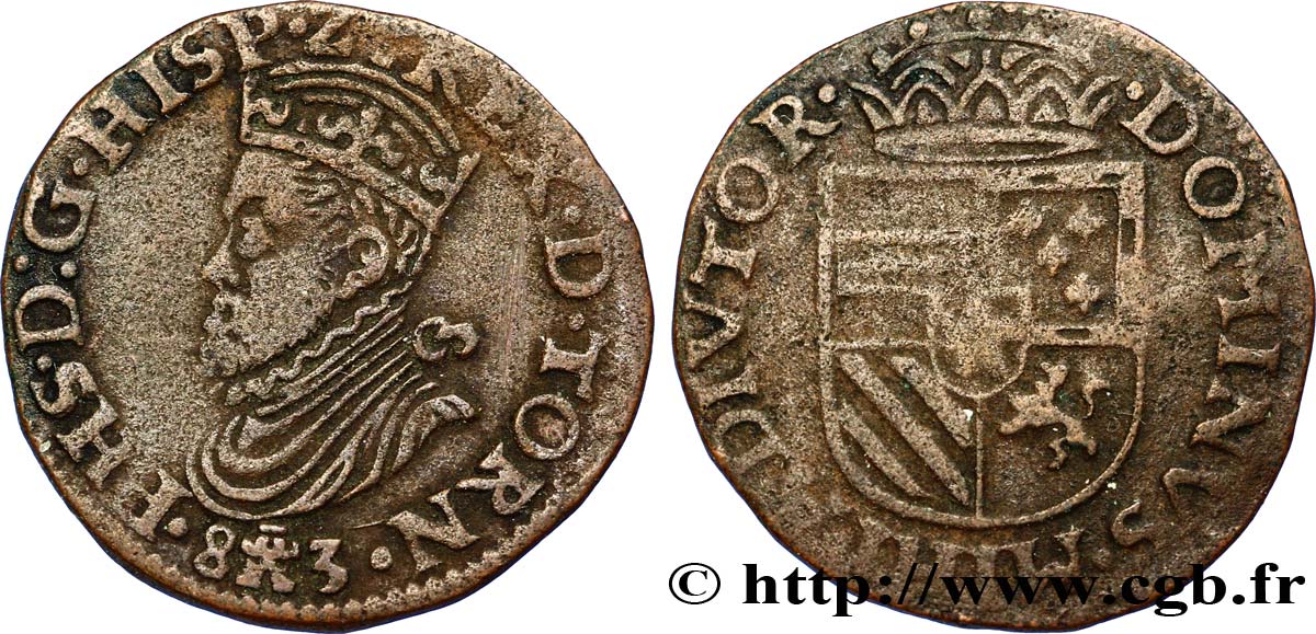 SPANISH NETHERLANDS - TOURNAI - PHILIP II OF SPAIN Liard 1583 Tournai XF