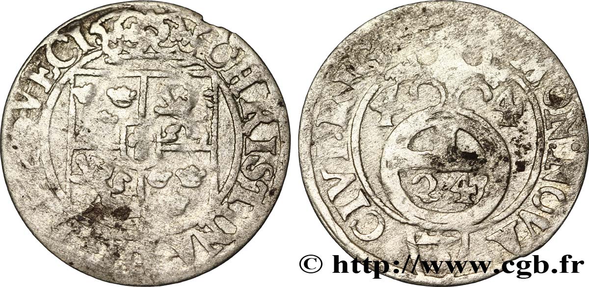 SWEDEN - KINGDOM OF SWEDEN - LIVONIA - CHRISTINA OF SWEDEN Vingt-quatrième de thaler 1644 Riga VF