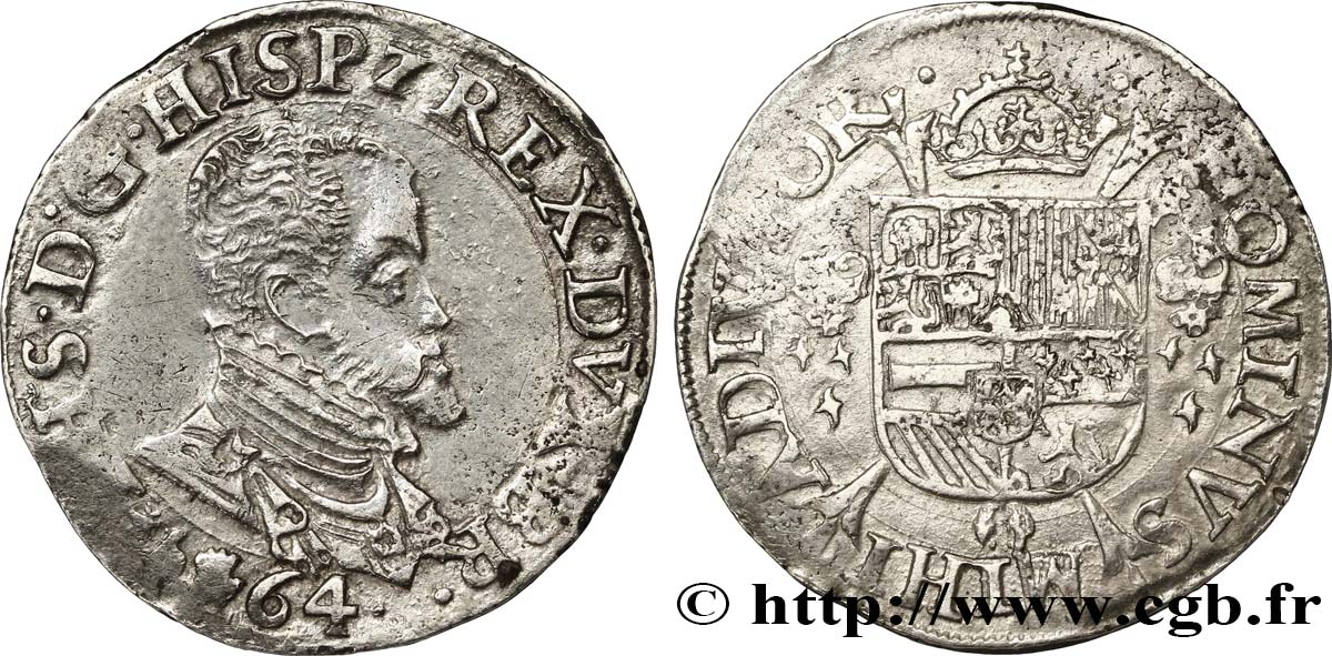 PAYS-BAS ESPAGNOLS - DUCHÉ DE BRABANT - PHILIPPE II D ESPAGNE Cinquième d écu Philippe 1564 Anvers TTB