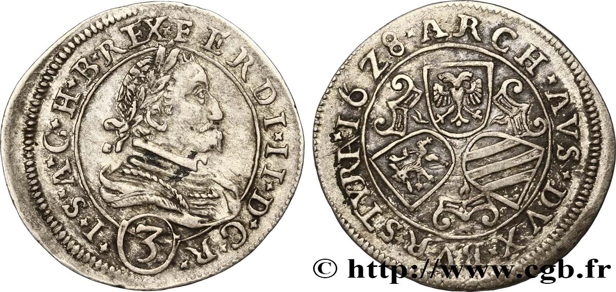 AUSTRIA - STYRIA - FERDINAND II Groschen ou trois kreutzer 1628 Graz XF