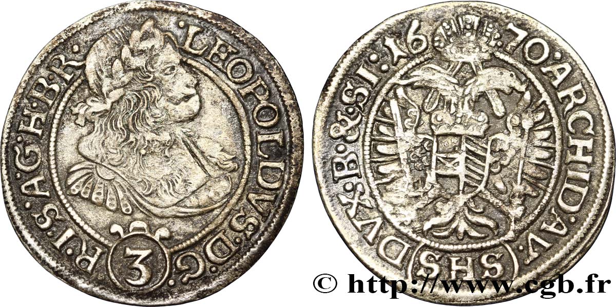 GERMANY - HOLY ROMAN EMPIRE - LEOPOLD I (Leopold Ignaz Joseph Balthasar Felician) 3 Kreuzer 1670 Breslau VF