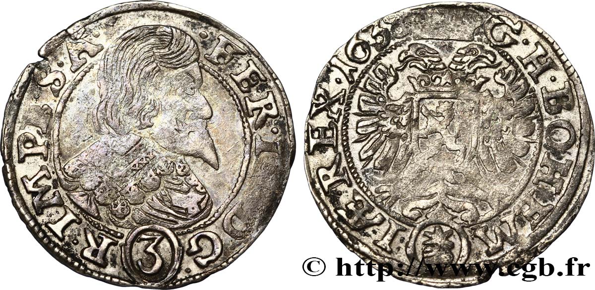 AUSTRIA - BOHEMIA - FERDINAND III OF HABSBURG 3 Kreuzer 1638 Prague XF