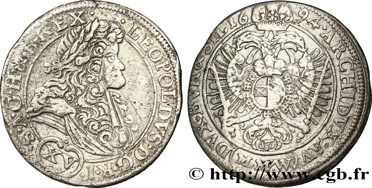 GERMANY - HOLY ROMAN EMPIRE - LEOPOLD I (Leopold Ignaz Joseph Balthasar Felician) 15 Kreuzer 1694 Breslau VF